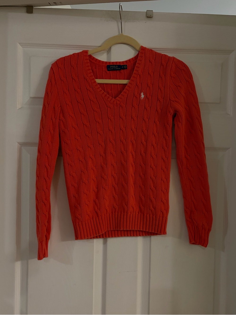 Polo Ralph Lauren cable knit 100% cotton v-neck sweater dark pink white pony